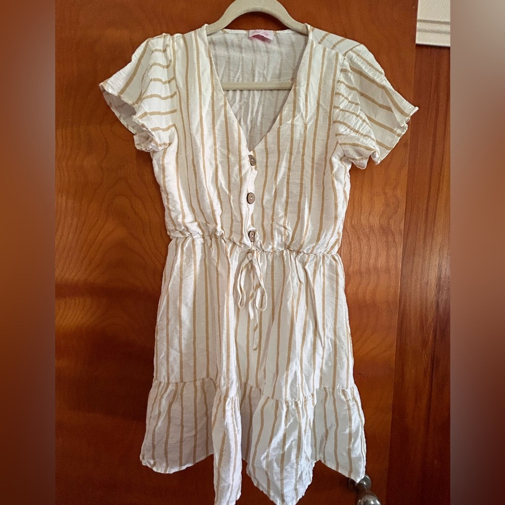 White and gold striped dress